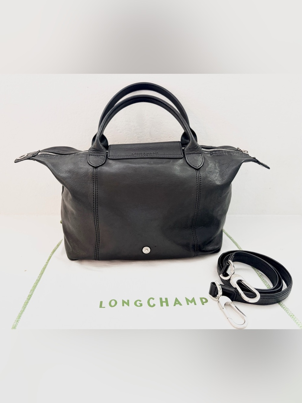 ❤️SOLD❤️ Longchamp Le Pliage Cuir Medium Black Leather Top Handle Crossbody Bag - Picture 4 of 16
